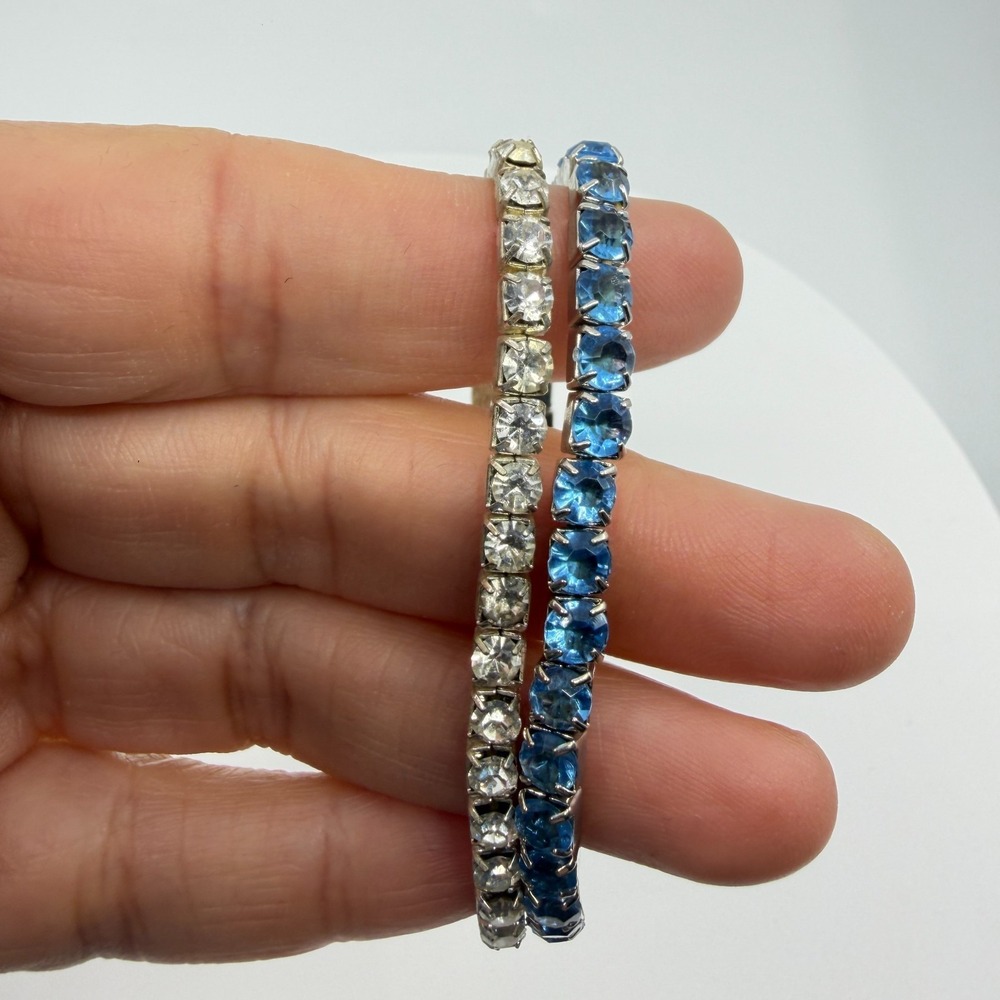 Vintage Blue White Rhinestone Double Row Stretch Tennis Bracelet Statement Gift